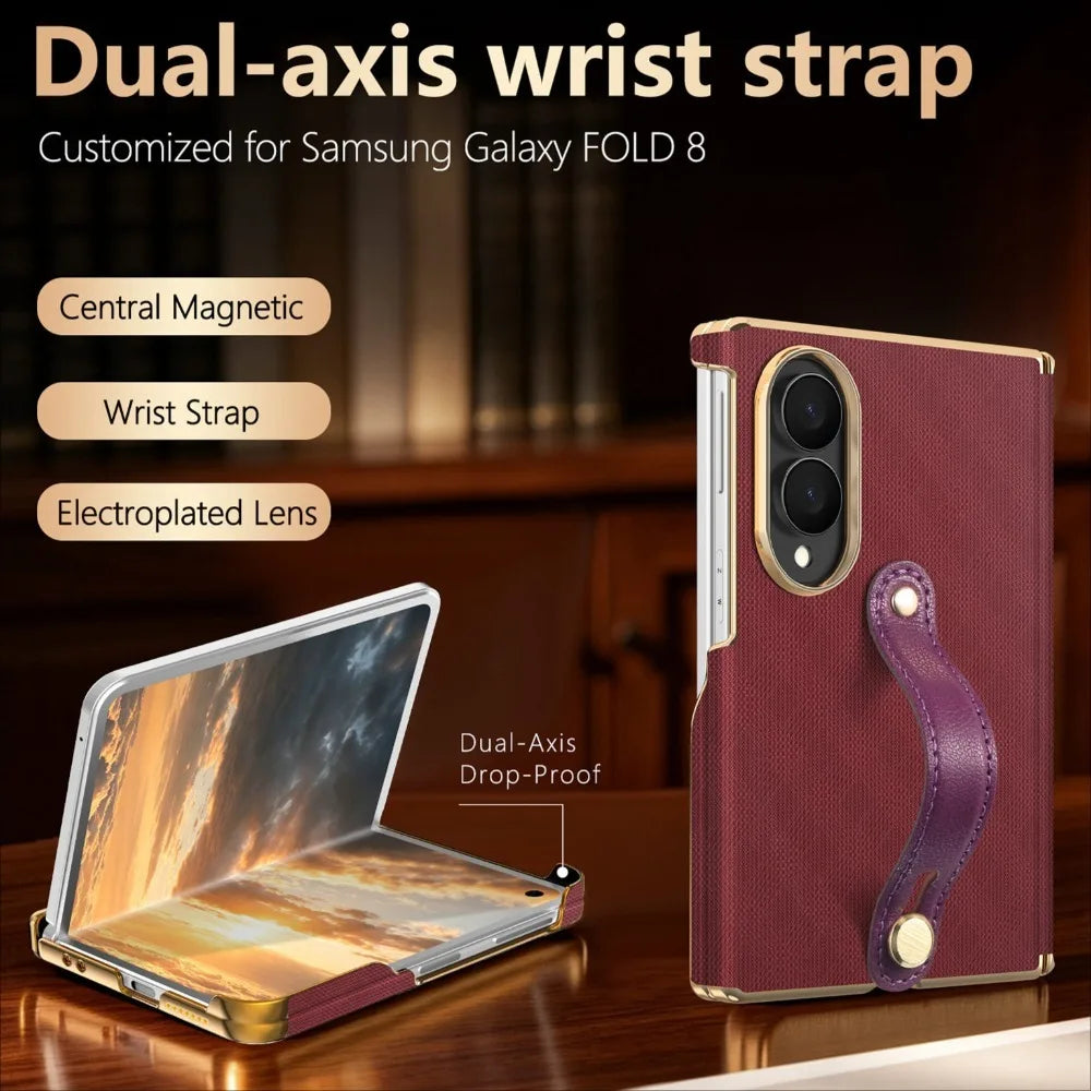 Business Plaid Leather Texture Case for Samsung Galaxy Z Fold 8 Ultra Fold7 6 Dual-Axis Hinge Protection Wrist Strap Fit Cover
