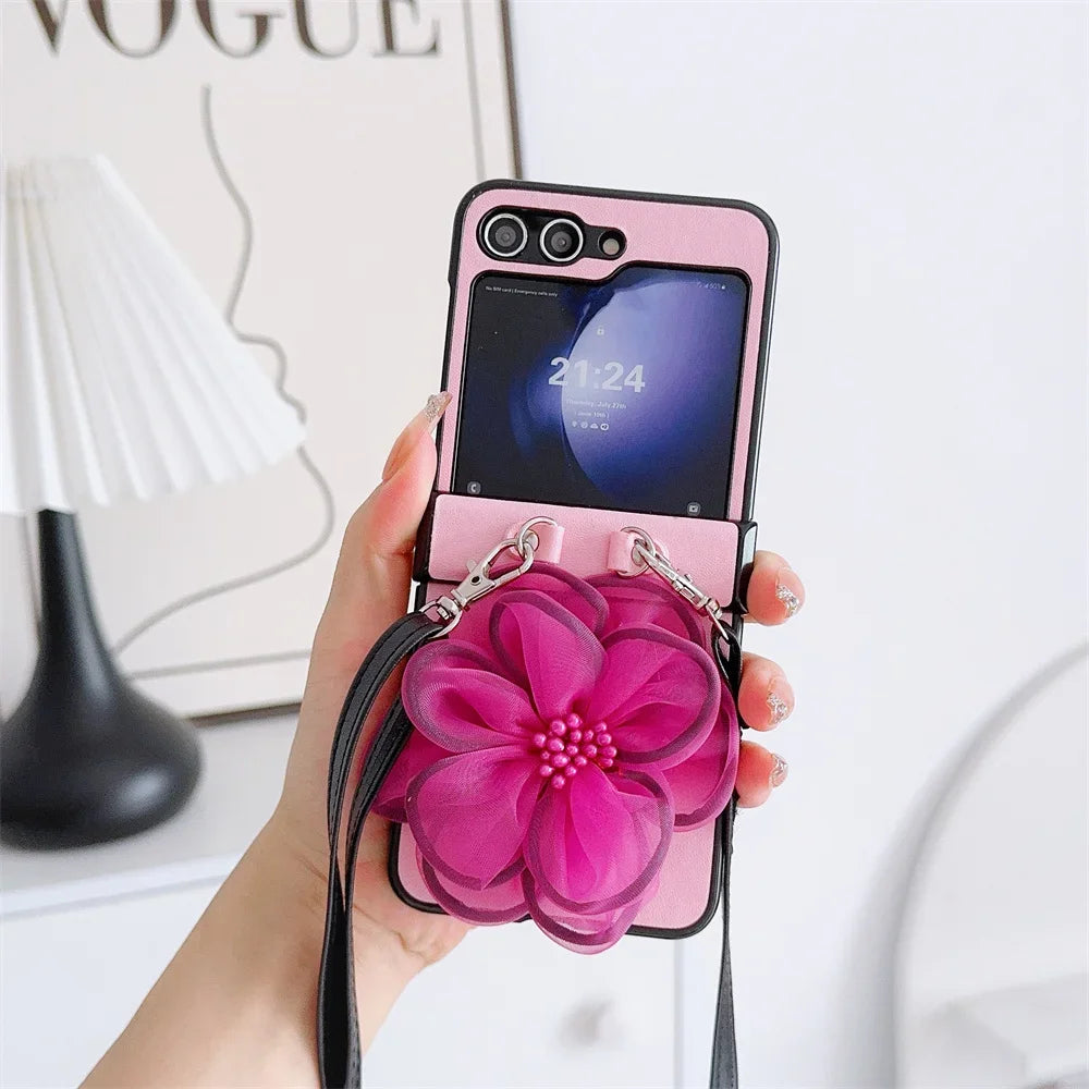 3D Cute Yarn Flower Crossbody Lanyard Phone Case For Samsung Galaxy Z Flip 6 5 4 3 5G Hard Hinge Protective PU Leather Cover