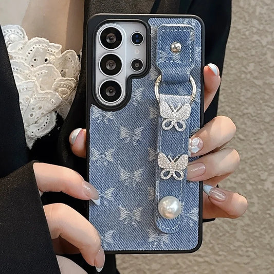 Fashion Denim Cloth Case For Samsung S26 Ultra Wristband Cover For Galaxy S25 Ultra S24 S23 Ultra Luxury Butterfly Phone Case