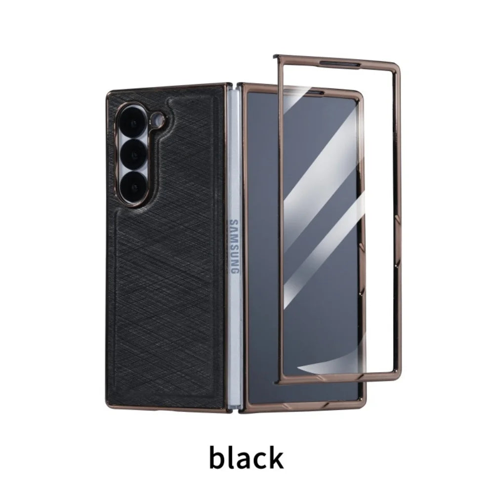 For Samsung Z Fold 7 Leather Case Luxury PC Electroplate Built-in Screen Protector Full Body Cover for Samsung Galaxy Z Fold 6 5