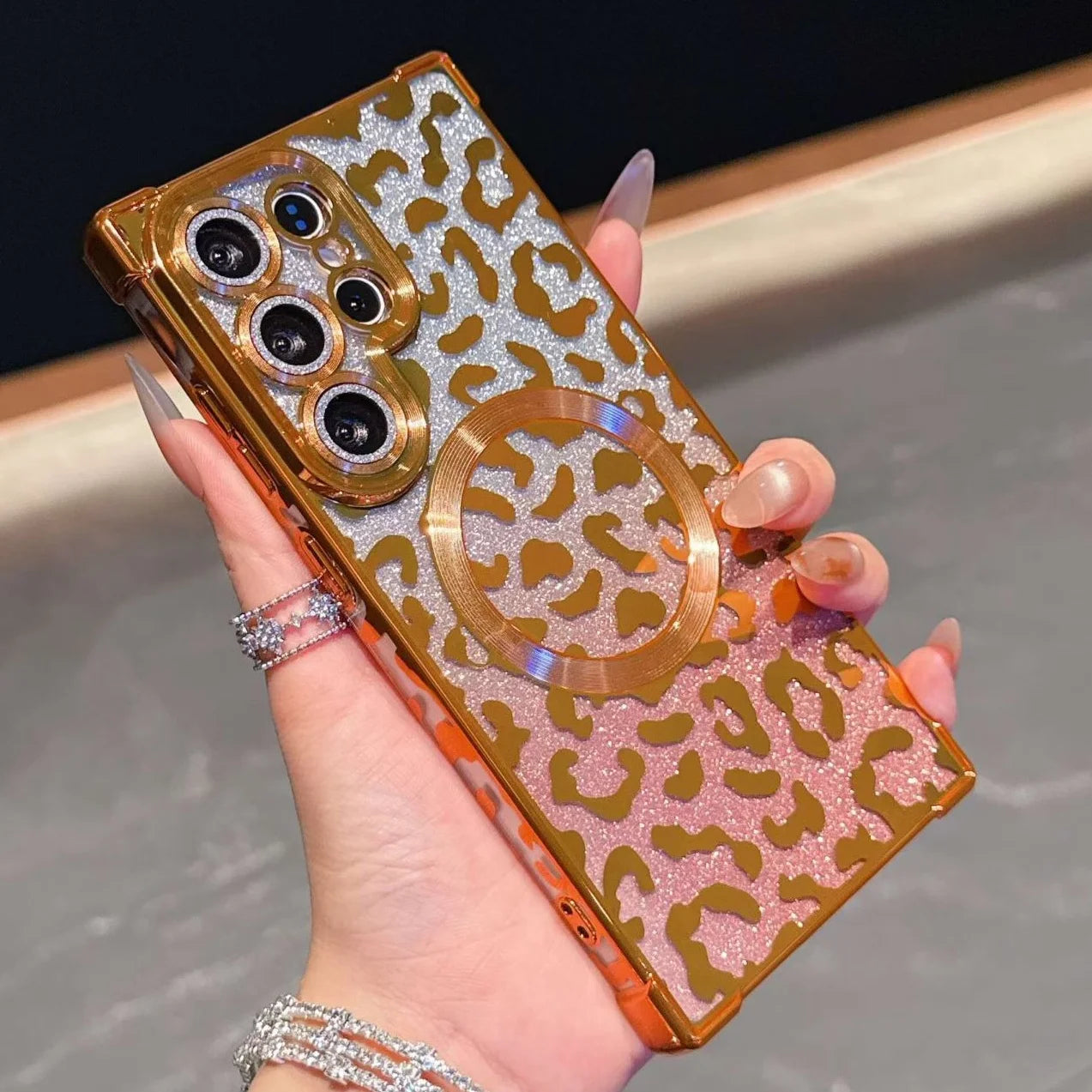 Luxury Leopard Pattern Magnetic Case For Samsung S26 Ultra S26 Plus Gradient Glitter Cover For Galaxy S25 Ultra Plating Case