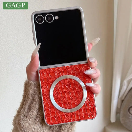 Plating Crocodile Texture For Magsafe Phone Case For Samsung Galaxy Z Flip7 Flip6 5 4 Flip7FE Wireless Charging Shockproof Cover