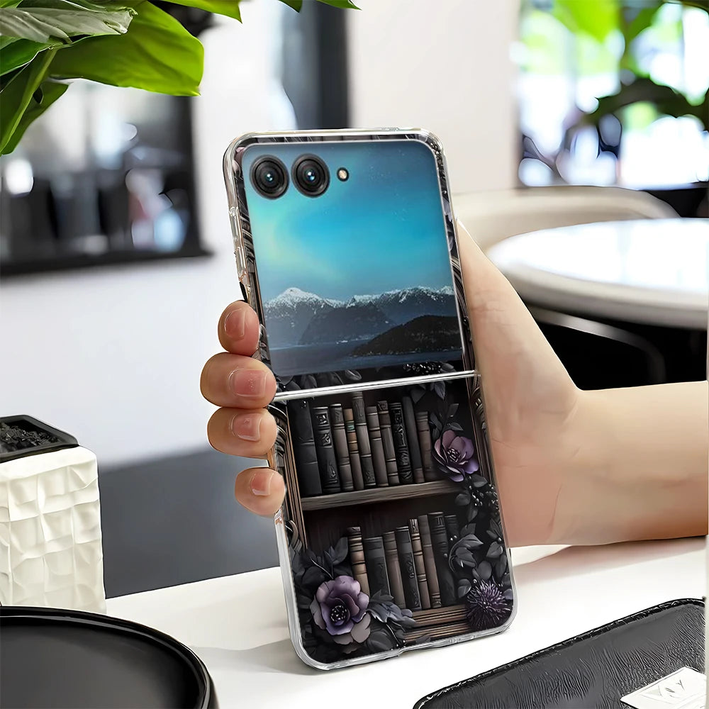 Vintage Magic Bookcase Painted Clear Hard Phone Case For Motorola Razr 60 50 40 Ultra Razr Plus 2025 2024 2023 Bumper Cover