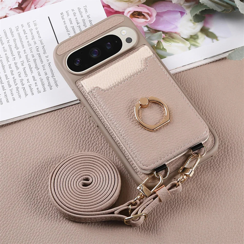 Crossbody Strap Lanyard Wallet Case with Card Slots Ring Holder Kickstand For Google Pixel 9a 8 9 Pro XL 8a 7a PU Leather Cover