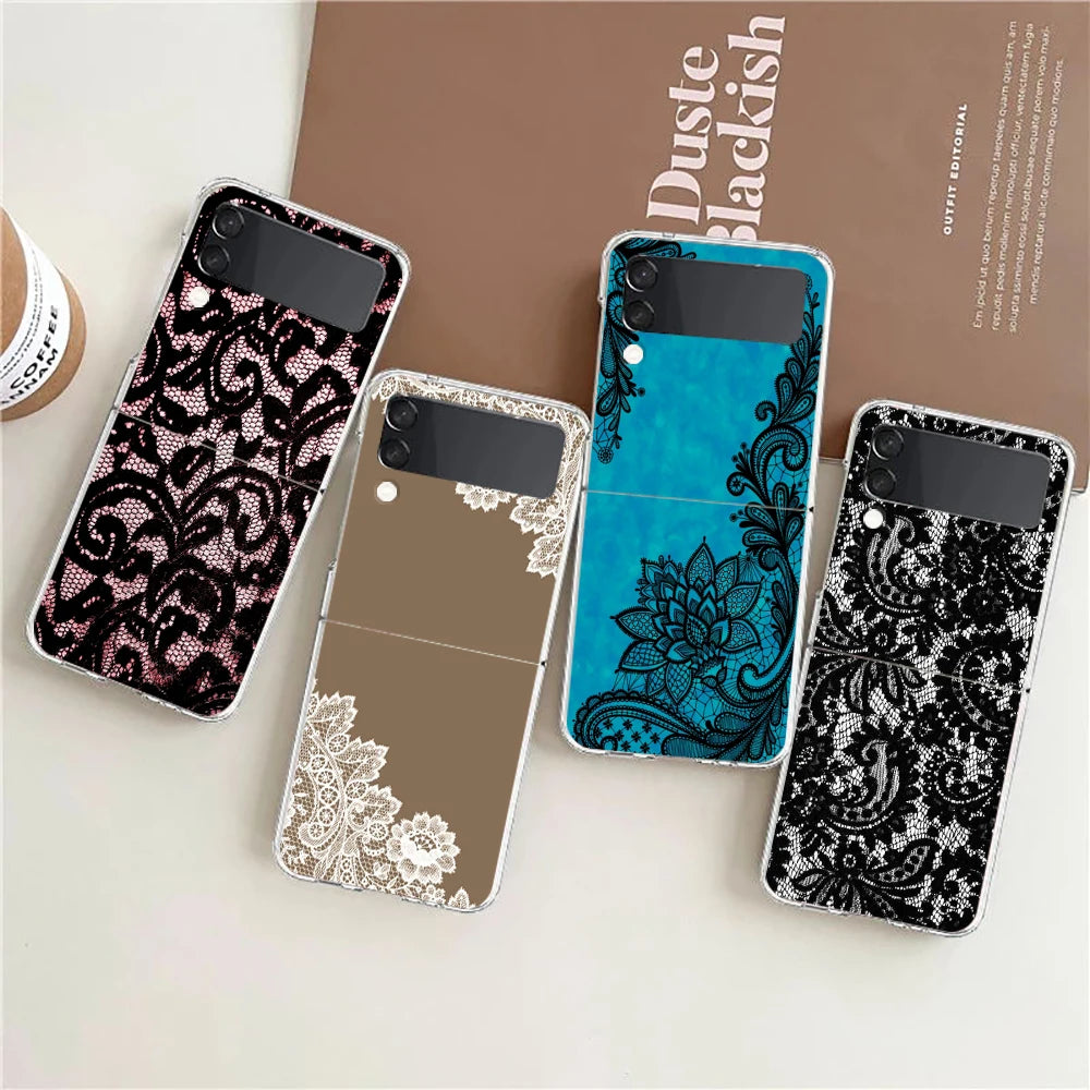 Transparent Phone Case For Samsung Galaxy Z Flip 3 4 5 6 7 Hard Folding PC Z Flip3 Flip4 Cover Lace Printed