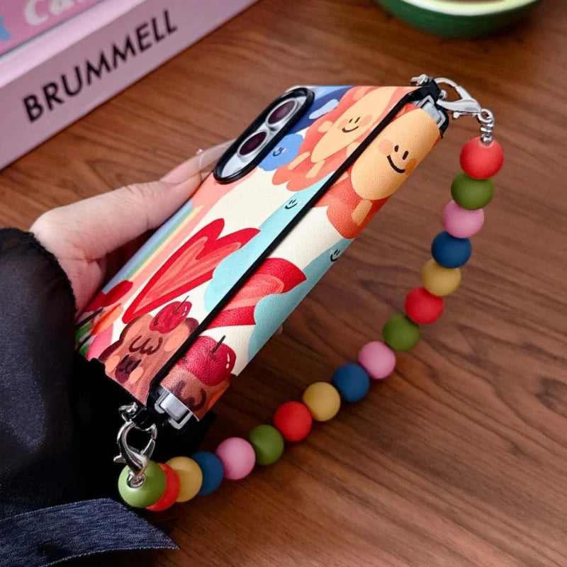 Luxury Oil Painting Sun Phone Case For Samsung Galaxy Z Fold 8 ZFold8 Side Buckle Protection Cover With Colorful Beads Chain