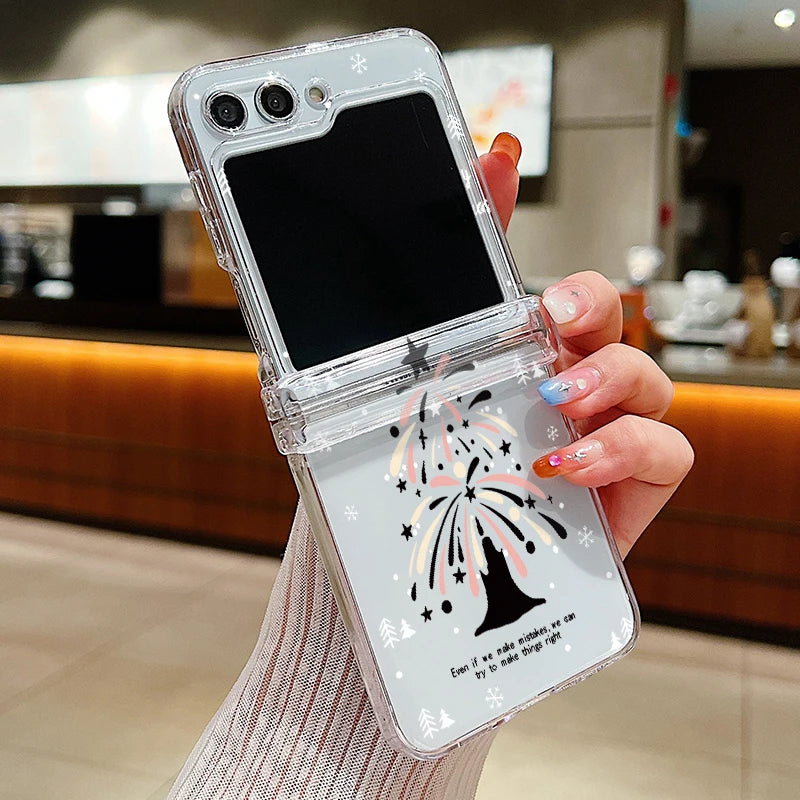 Christmas Print Transparent Phone Case For Samsung Galaxy Z Flip 7 FE 6 5 4 3 5G Folding Hard PC Cover For Samsung Z Flip7 Flip6