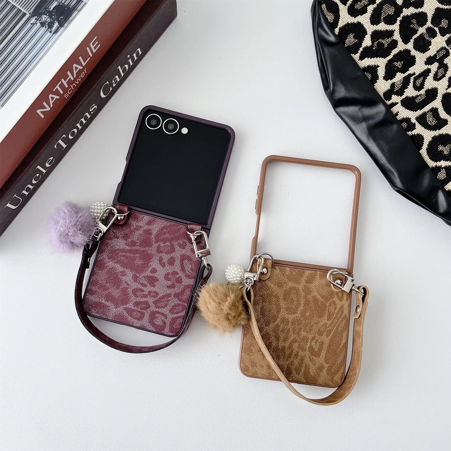 Luxury Classics Leopard Print Phone Case with Hairball Strap for Samsung Galaxy Z Flip 7 Z Flip7 ZFlip 7 Zflip7 Back Cover