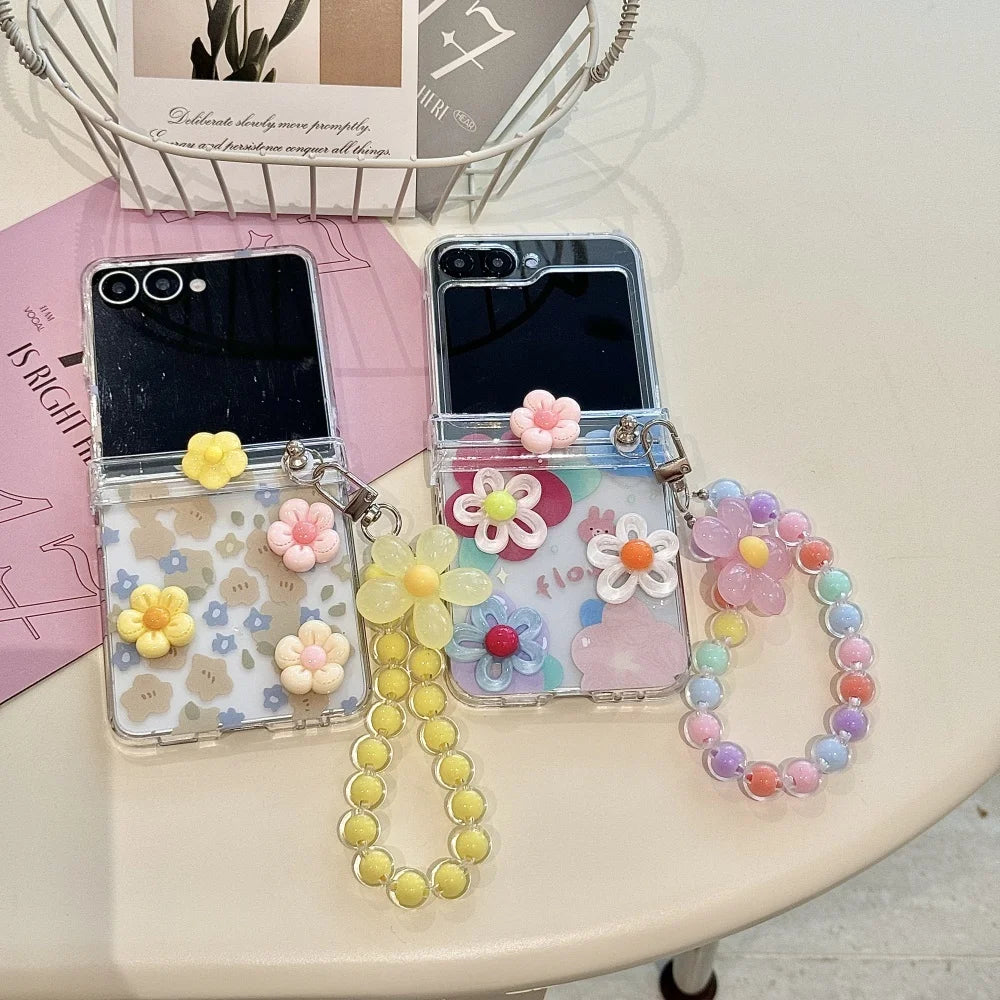 Cute 3D Flower Beads Wrist Chain Case for Samsung Galaxy Z Flip 7 6 5 zflip 3 4 Flip7 Bracelet Hard Acrylic Ins Korean Cover