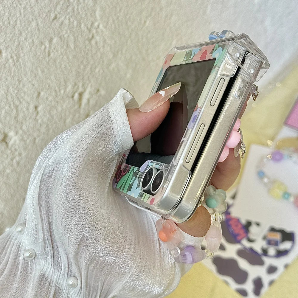 Hinge Protection 2in1 Lovely 3D Rotate Flower Phone Case For Samsung Galaxy Z Flip 7 6 5 4 3 7 FE Wrist Chain Shockproof Cover