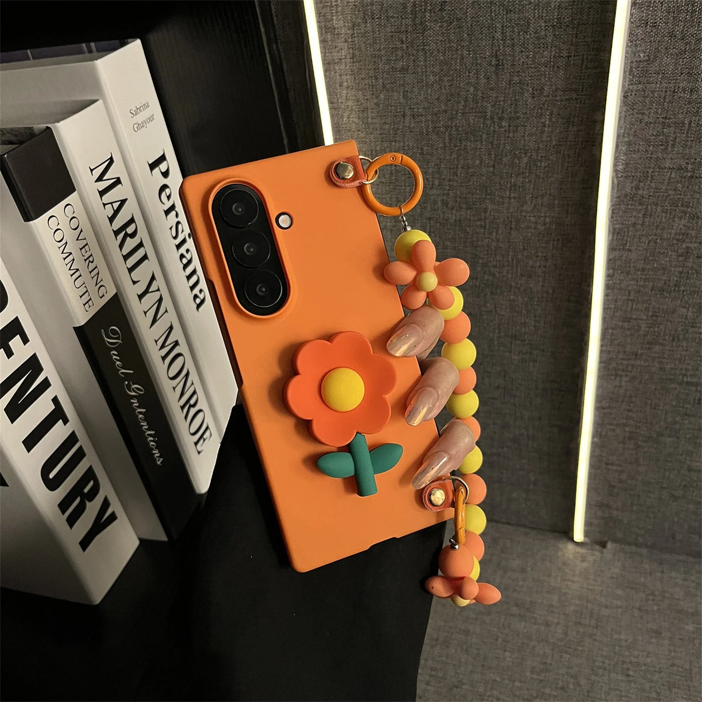 Ins Hot Orange Flower Phone Case with Beads Bracelet for Samsung Galaxy Z Fold 7 Z Fold6 Fold5 Fold7 Back Cover
