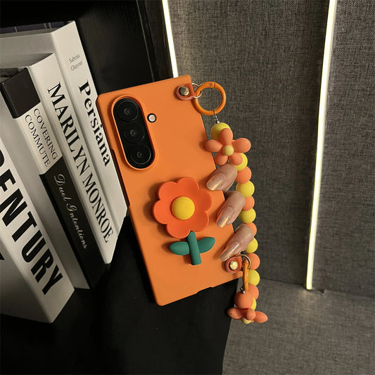 Ins Hot Orange Flower Phone Case with Beads Bracelet for Samsung Galaxy Z Fold 7 Z Fold6 Fold5 Fold7 Back Cover