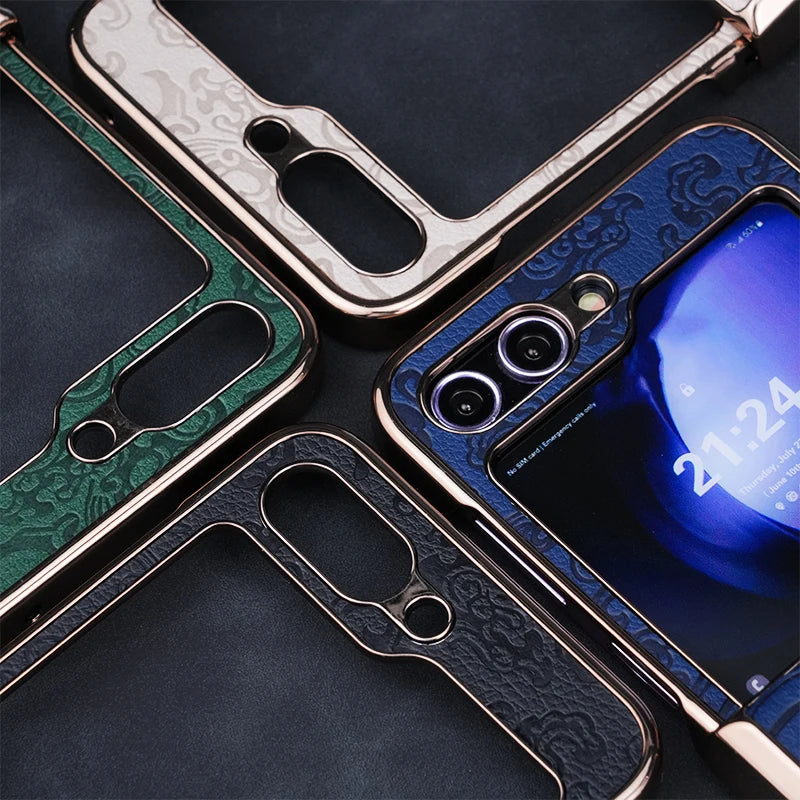 Luxury Dragon Pattern Leather Phone Case For Samsung Galaxy Z Flip 7 FE 6 5 4 3 Flip6 ZFlip7 3-Pieces-Set Plating PC Hinge Cover