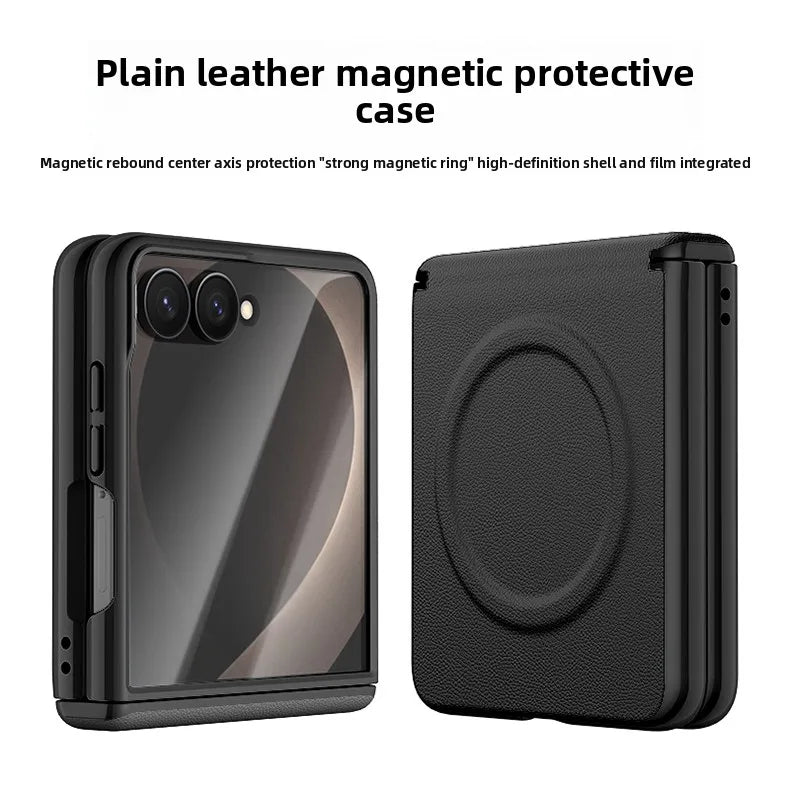 ‌Magnetic Skin Feel Vegan Leather Case‌ for Samsung Z Flip 8 Screen Protector Shockproof for Magsafe Slim Axis Protection Cover