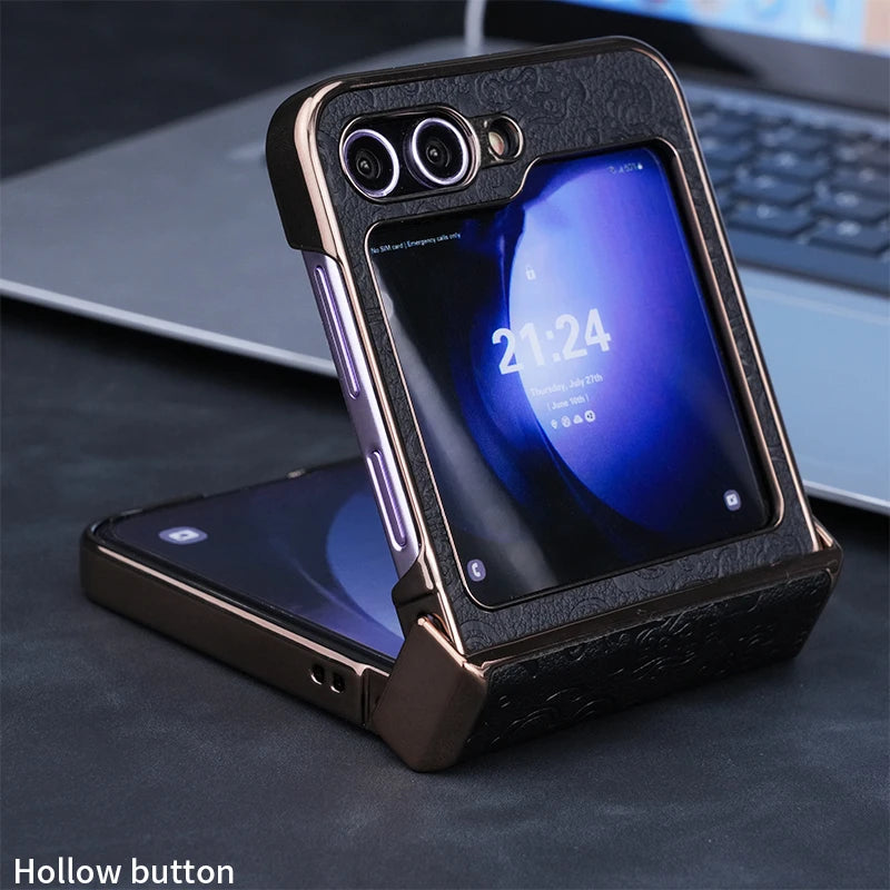 Luxury Dragon Pattern Leather Phone Case For Samsung Galaxy Z Flip 7 FE 6 5 4 3 Flip6 ZFlip7 3-Pieces-Set Plating PC Hinge Cover