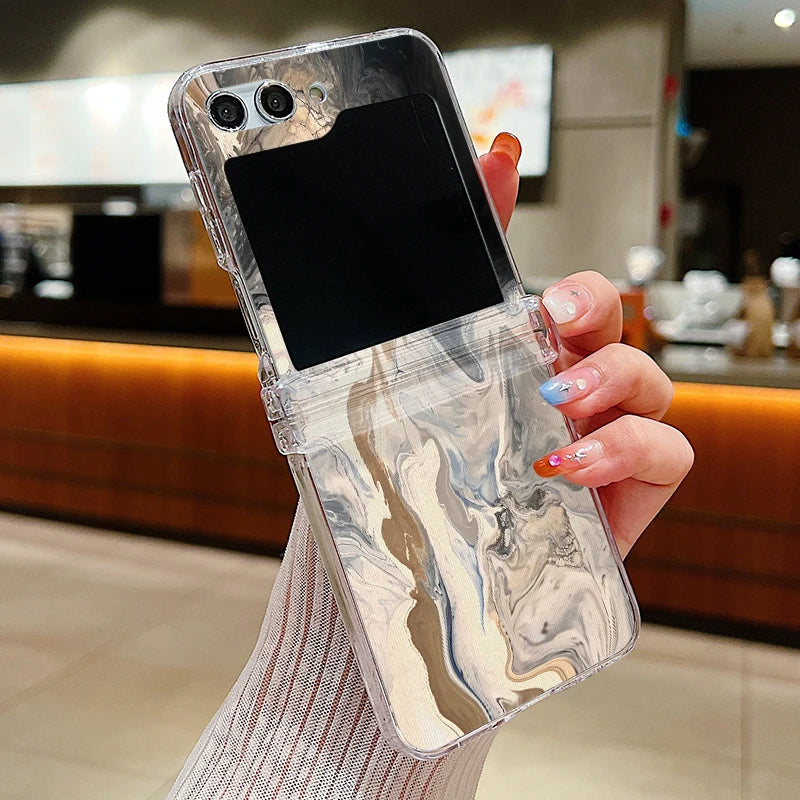 Ink Marble Pattern Clear Phone Case For Samsung Galaxy Z Flip7 FE Flip5 Flip6 Folding Hard Cover For Samsung Z Flip 7 6 5 4 3 5G