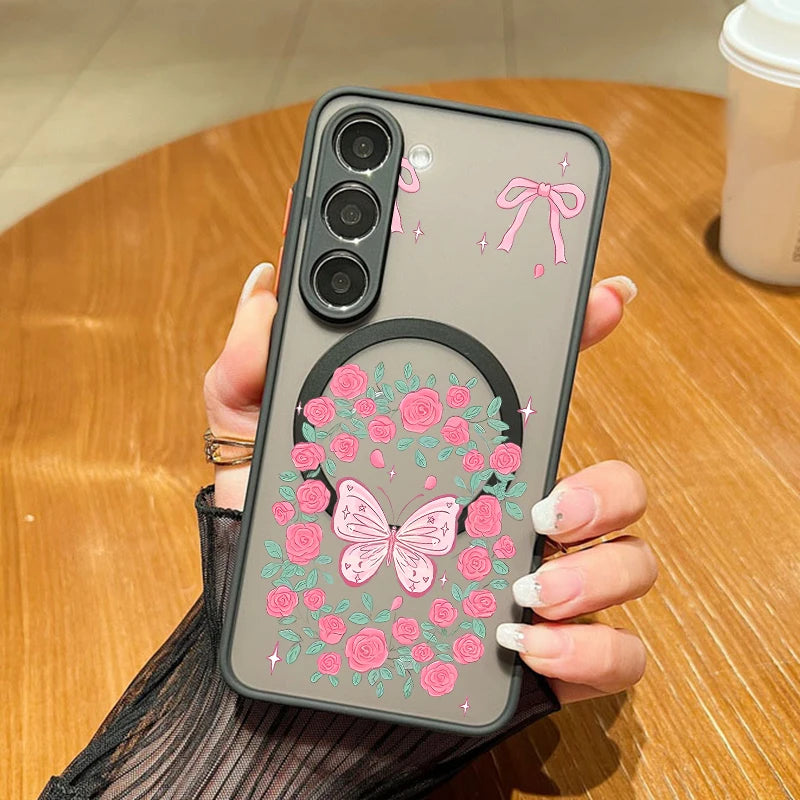 Flowers Print Phone Case For Samsung Galaxy A56 A36 A26 A16 A55 A15 S25 Edge S24 Plus S23 S22 Ultra S24 S23 FE Magnetic Cover