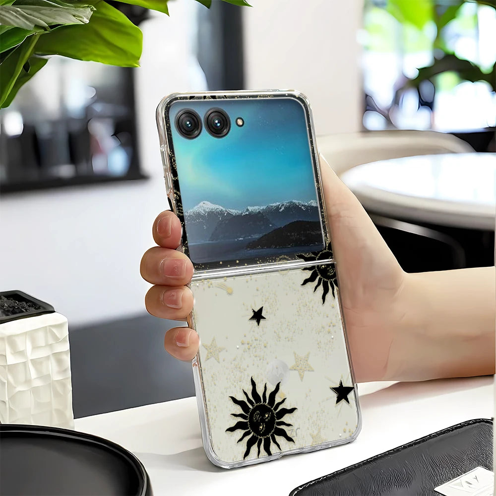 Retro Sun Moon Phone Case For Motorola Razr 60 Ultra 50 40 Ultra Razr 2025 2024 23 For Samsung ZFlip 7 6 5 4 3 Transparent Cover