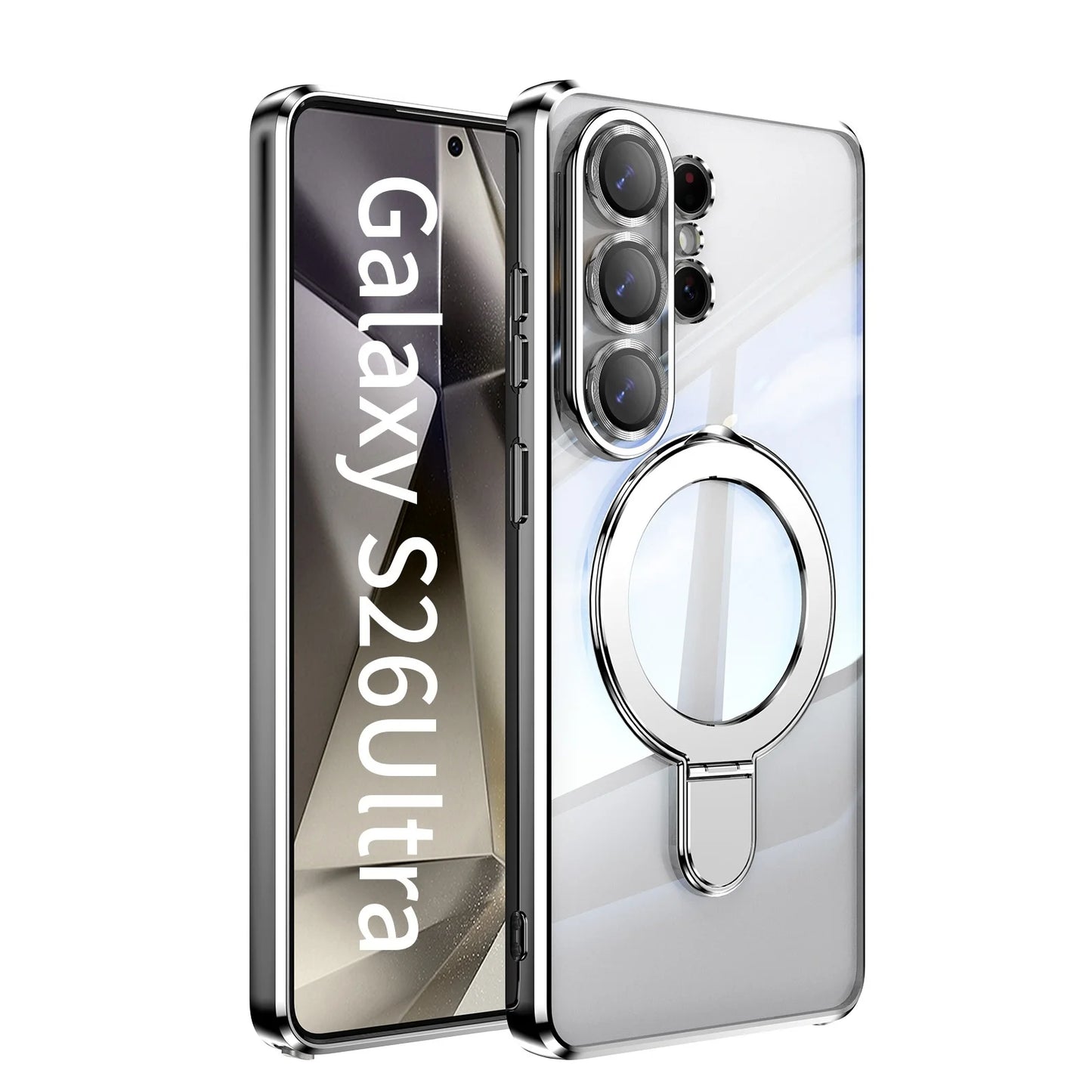 Transparent for Magsafe Stand Plating Case for Samsung Galaxy S26 Ultra Magnetic Bracket Lens Film Cover for Samsung S26 Plus
