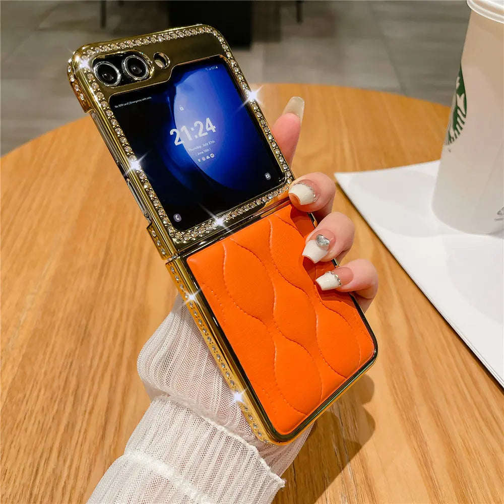 Luxury Bling Diamond Leather Plating Case For Samsung Galaxy Z Flip 6 Flip 5 Flip 3 4 Shockproof Cover Funda