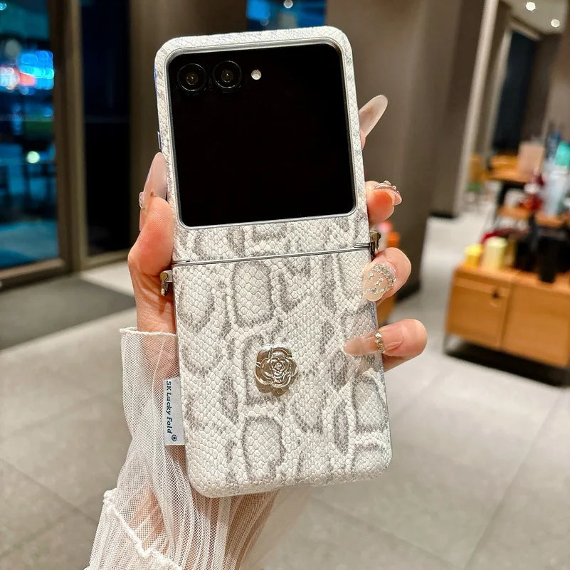 Python Skin Pattern Side Buckle Camellia Decorated Case For Moto Razr 60 Ultra Motorola Razr 50 Ultra 2025 Protective Cover