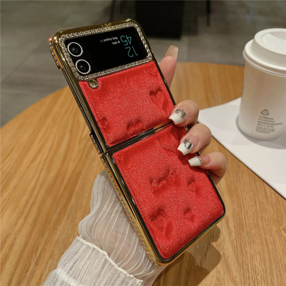 Luxury Bling Diamond Leather Plating Case For Samsung Galaxy Z Flip 6 Flip 5 Flip 3 4 Shockproof Cover Funda