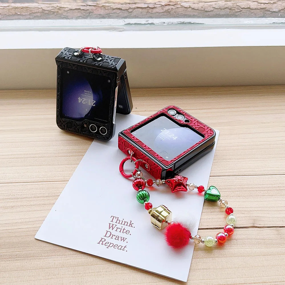 For Moto Motorola Razr 50 Ultra Cute Christmas Lucky Star Heart Fur Ball Pearl Wrist Chain Strap Phone Case Cover