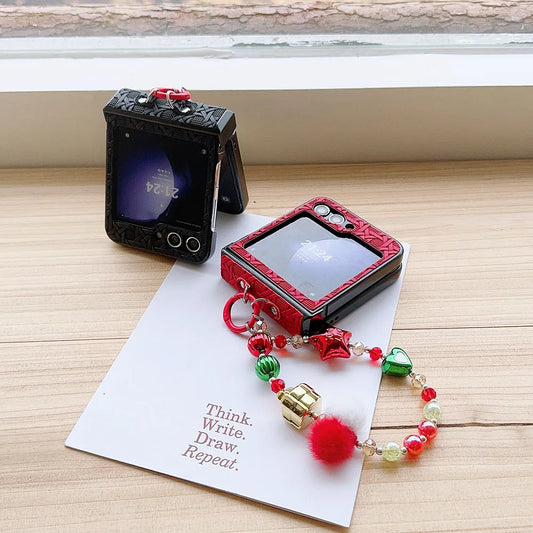 For Moto Motorola Razr 50 Ultra Cute Christmas Lucky Star Heart Fur Ball Pearl Wrist Chain Strap Phone Case Cover