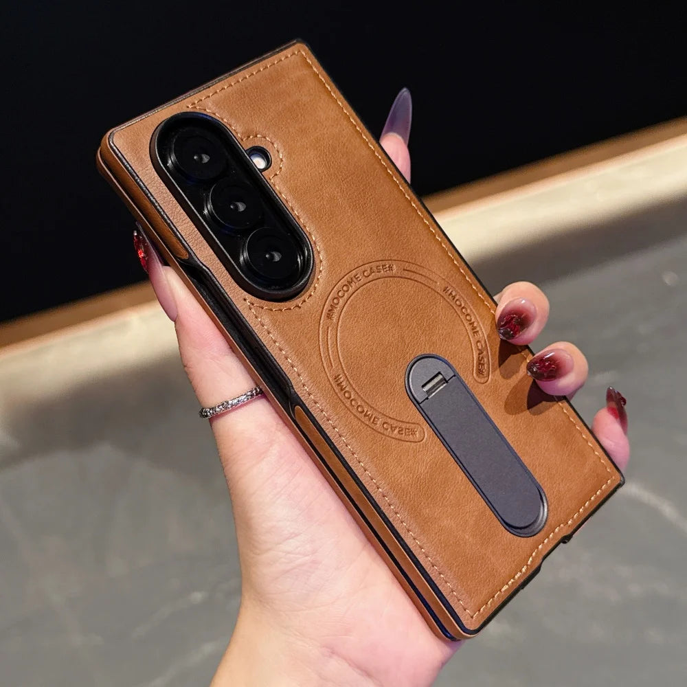 Luxury Magnetic Leather Case For Samsung Galaxy Z Fold 7 6 5 4 3 5G Folding Bracket Holder Wireless Charging Cover For Zfold7