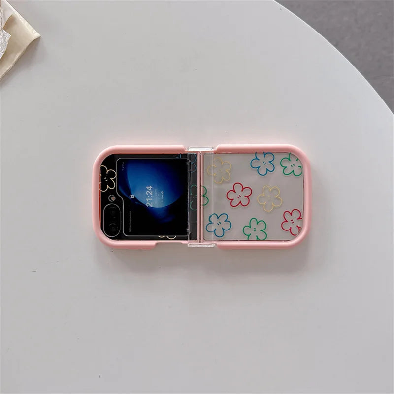 Pink Floral Smile Clear Hinge Strap Furry Ball Phone Case For Samsung Galaxy Z Flip 8 7 6 5 4 3 Z Flip8 Cute Shockproof Cover Gi