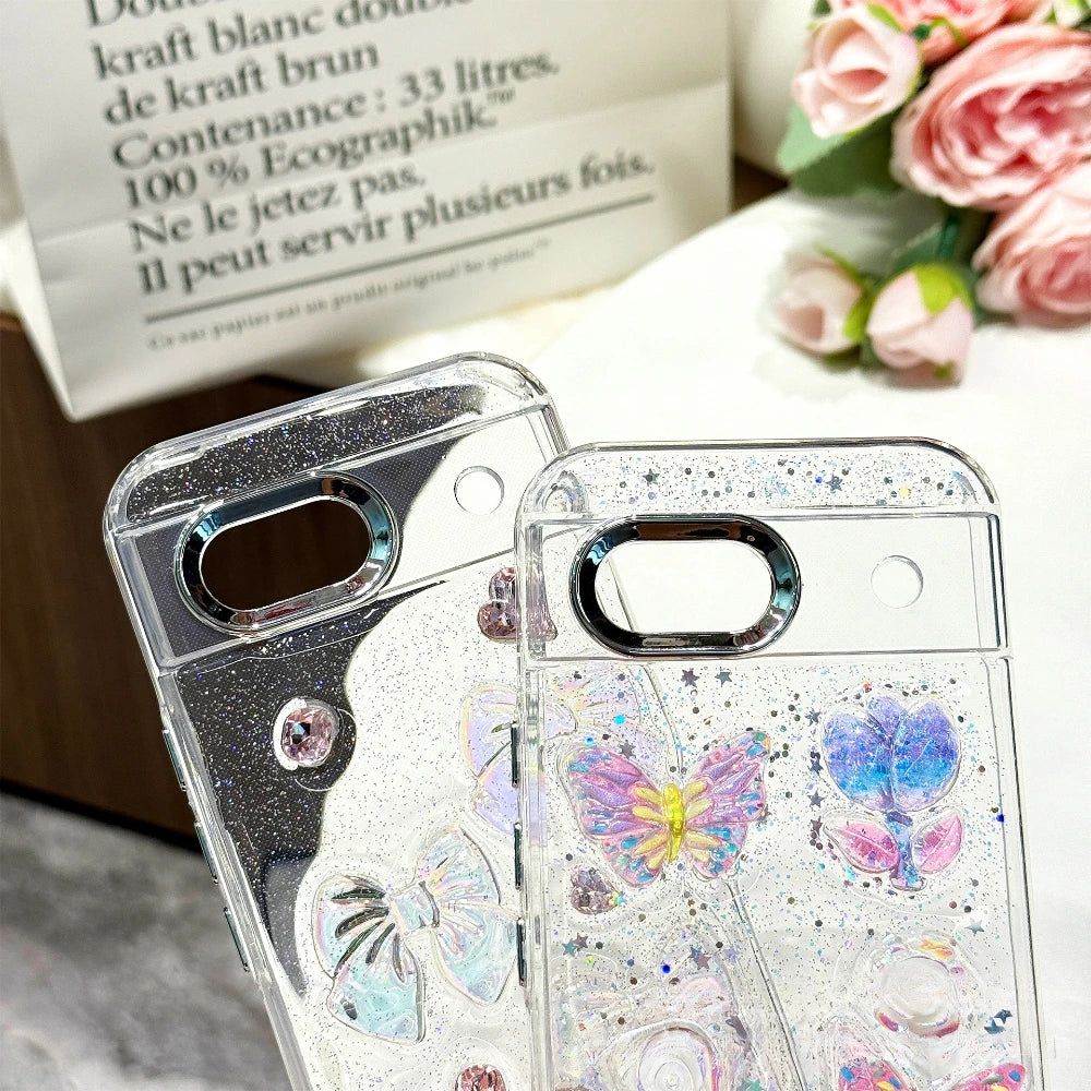 Cute 3D Rose Butterfly Bow Pearl Glitter Transparent Case for Google Pixel 8 9 10 Pro XL 9A 8A Shockproof Epoxy Clear TPU Cover