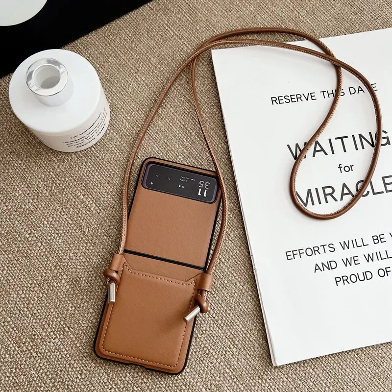 Luxury Simple Business Crossbody Lanyard Card Holder Phone Case For Motorola Razr 50 40 Moto Razr40 Razr50 2024 Leather Cover