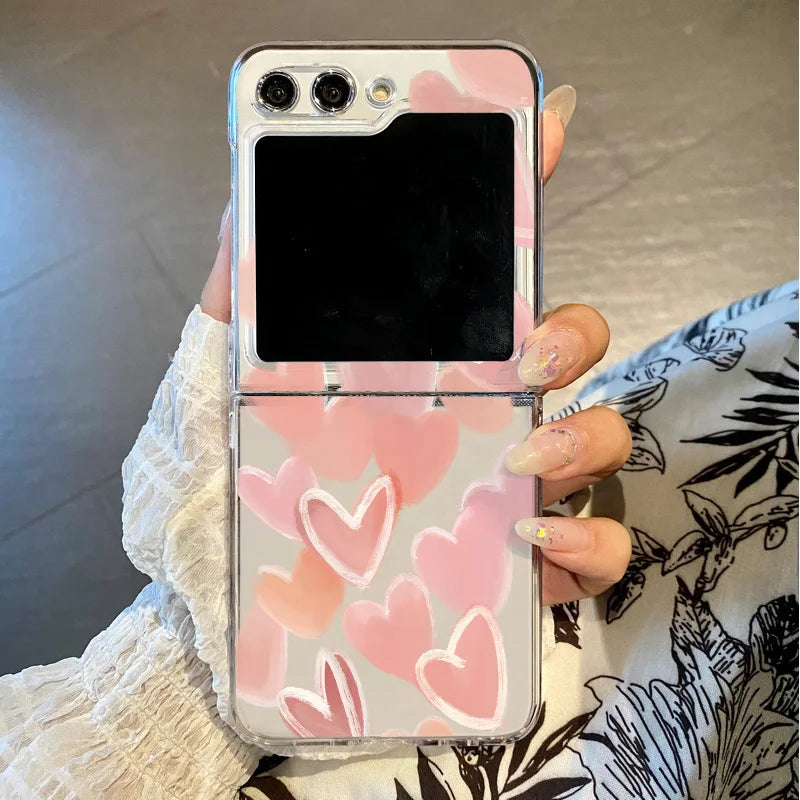 Love Heart Print Clear Folding Phone Case For Samsung Galaxy Z Flip 7 6 5 4 3 5G Transparent Cover For Samsung Z Flip7 FE Flip6