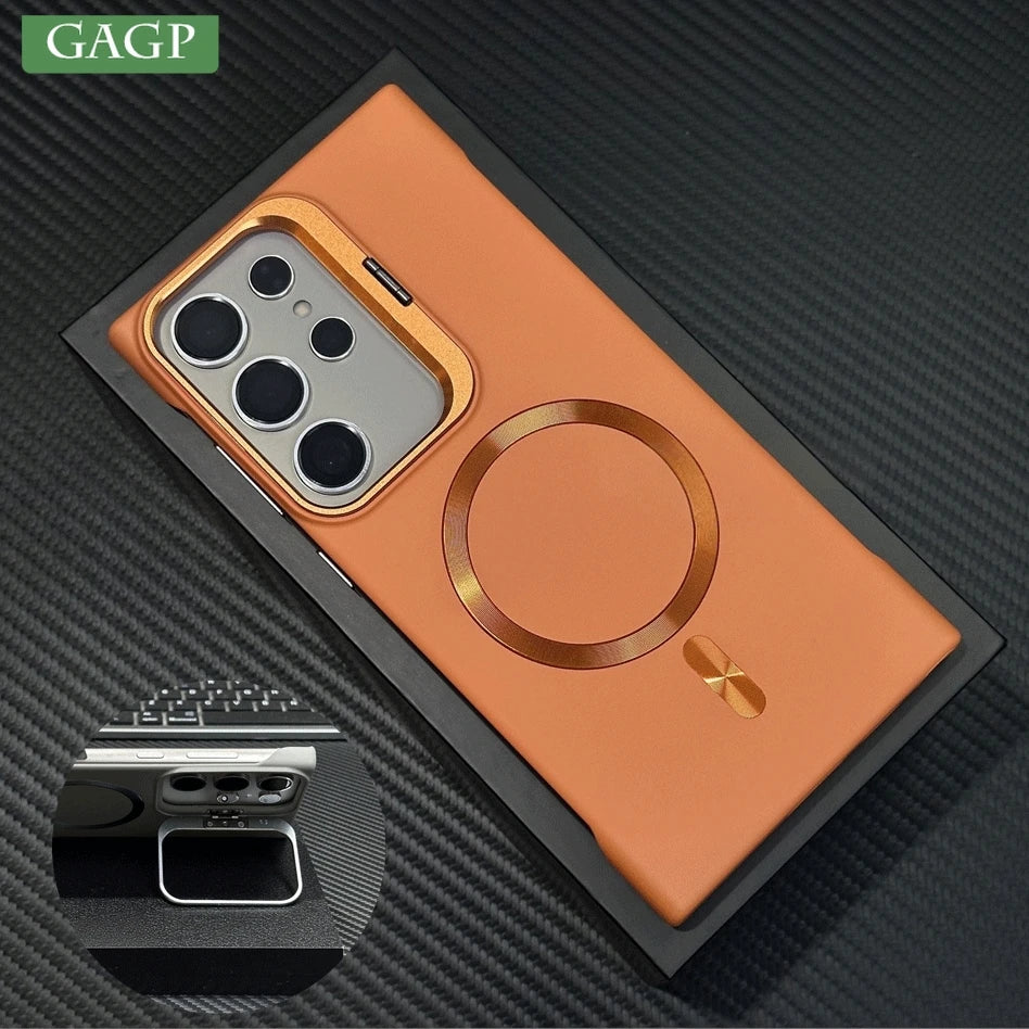Luxury Broderless Magnetic Camera Stand Holder Case For Samsung S26 Ultra S25 FE S24 Plus For Magsafe Wireless Charging Cover
