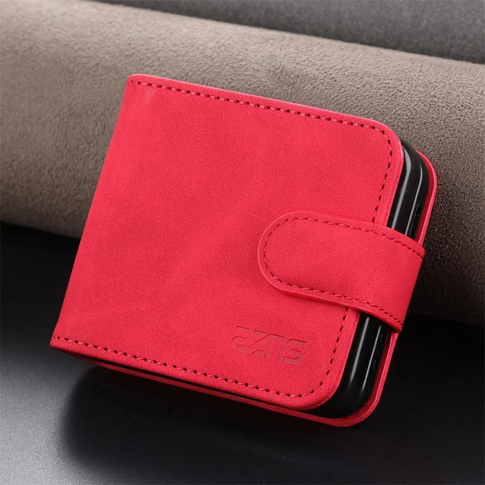 Simple Retro Pure Color Leather Phone Case For Samsung Galaxy Z Flip 7 6 5 4 3 Card Slot Bracket Wallet Shockproof Protect Cover