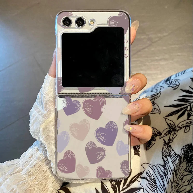 Love Heart Print Clear Folding Phone Case For Samsung Galaxy Z Flip 7 6 5 4 3 5G Transparent Cover For Samsung Z Flip7 FE Flip6