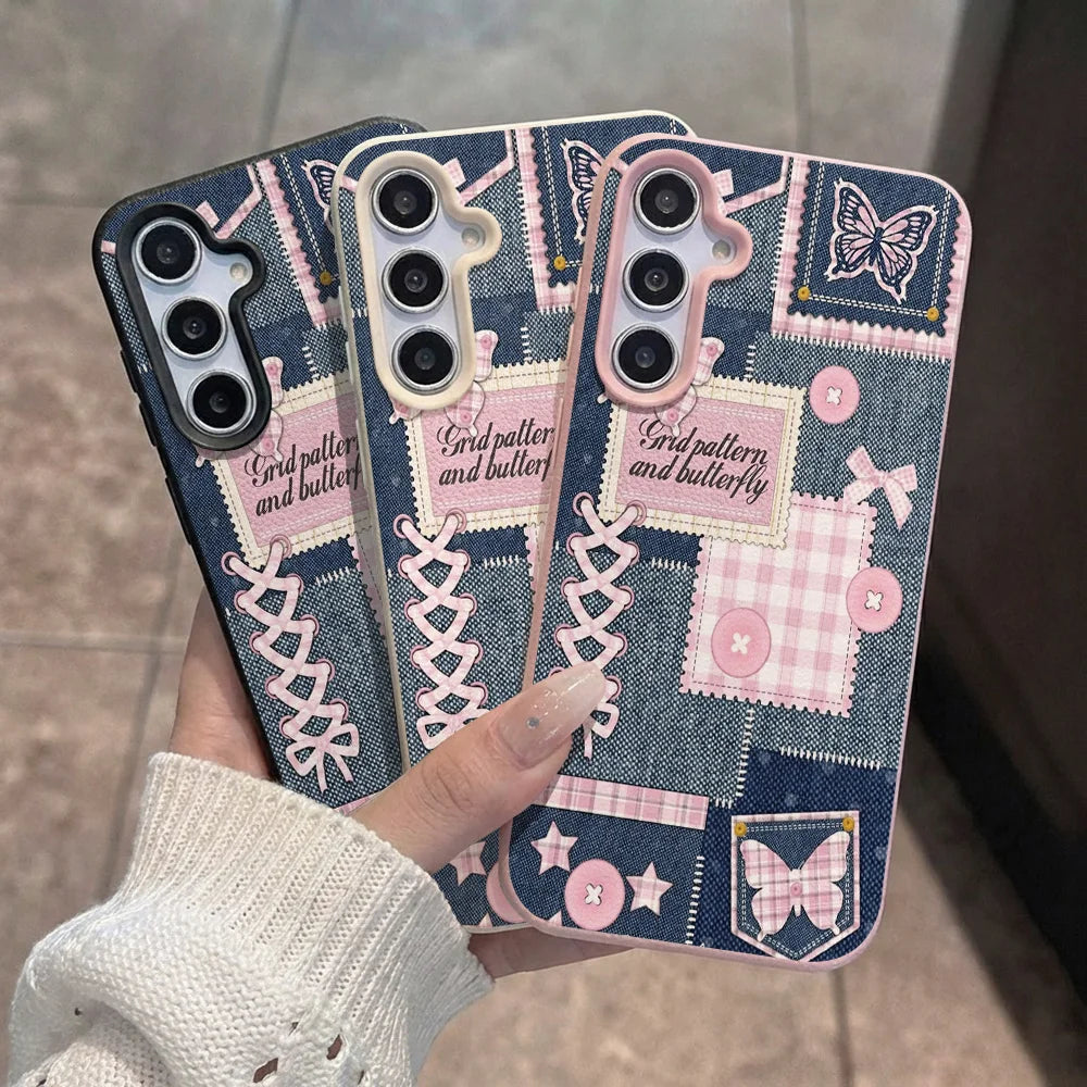 Phone Case for Samsung Galaxy S26 S25 S23 Ultra S24 FE A57 A56 A55 A54 A53 A16 5G A07 A06 A15 4G Cases Denim Patchwork Butterfly