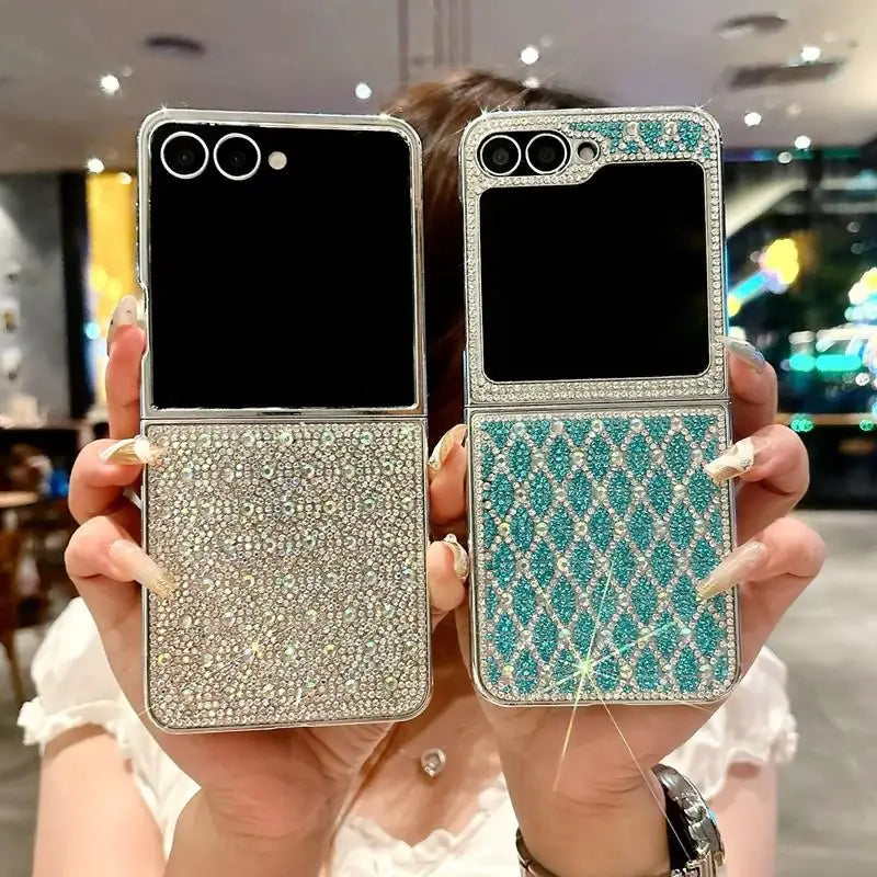 Glitter Bling Plaid Diamond Phone Case For Samsung Galaxy Z Flip 7 Flip6 ZFlip 5 4 Luxury Rhinestone High-end Plating Hard Cover