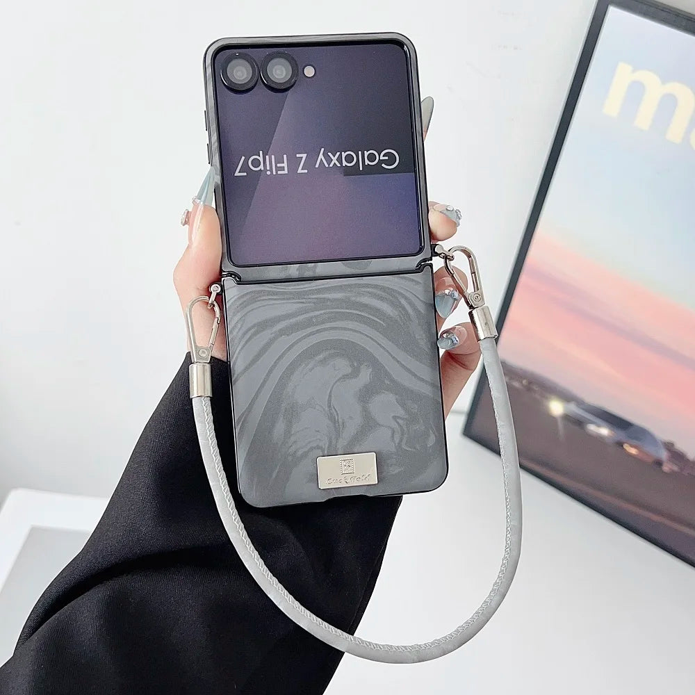 Luxury Water Ripple PU Leather Phone Case For Samsung Galaxy Z Flip 7 6 5 4 3 Flip7 FE Protection Folding Cover with Lanyard