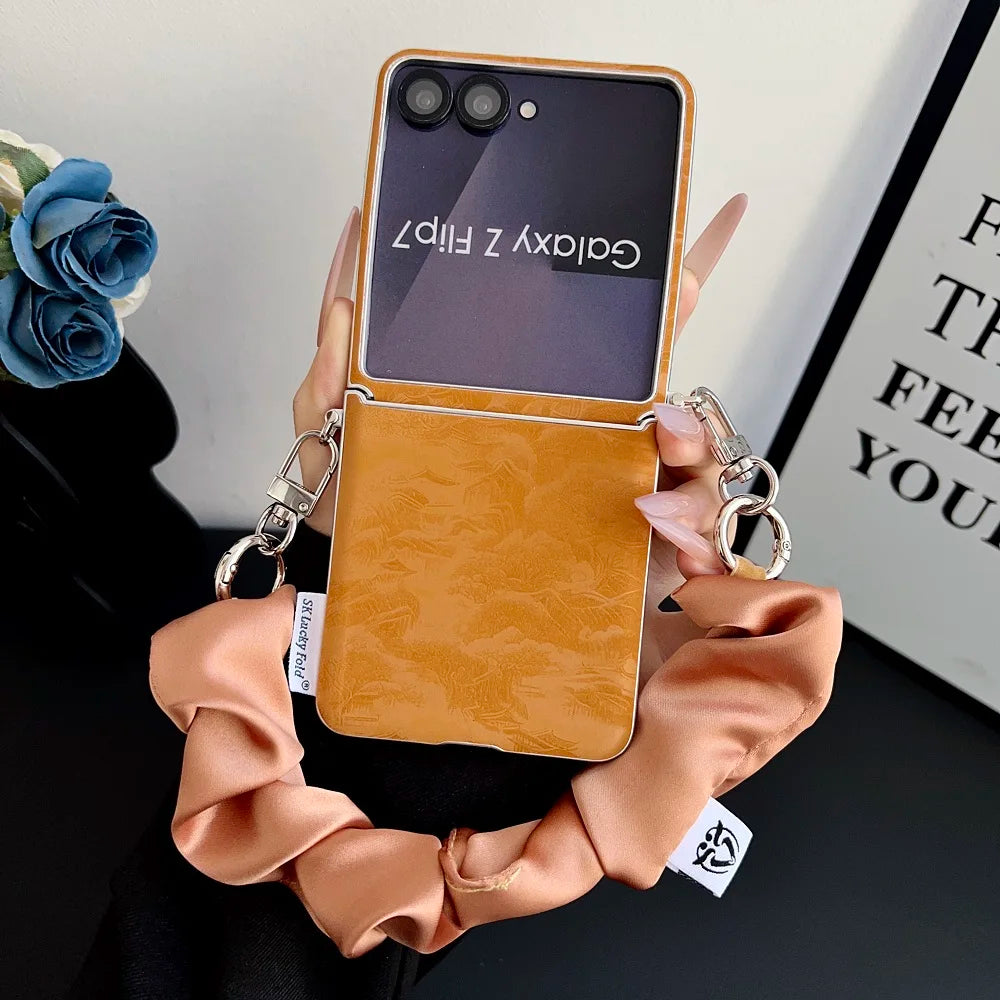For Samsung Galaxy Z Flip 7 6 5 Flip 7FE Side Buckle Phone Case Landscape Painting Folding Protection Cover with Lanyard