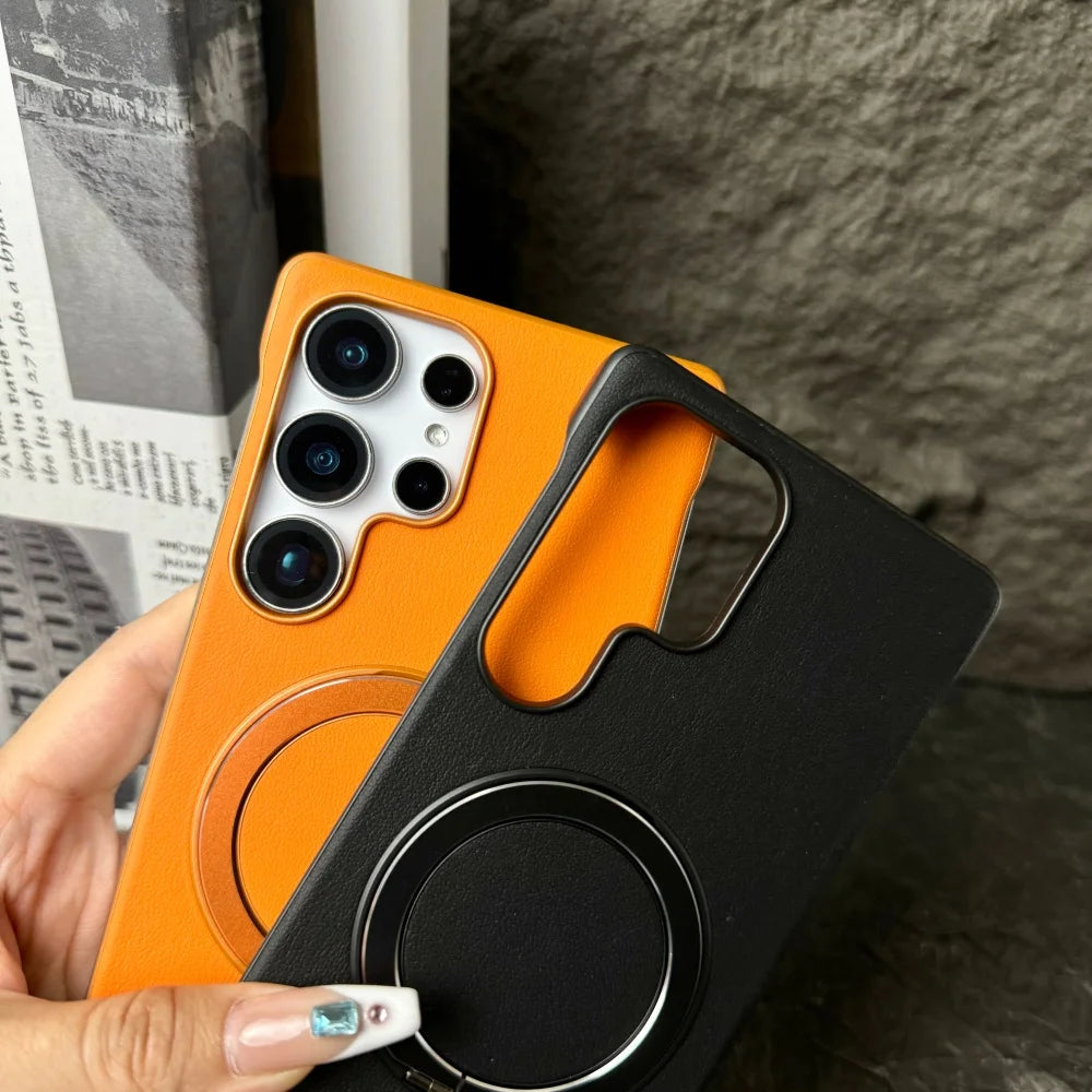 Frameless Matte Leather Magnetic Satnd Holder Case For Samsung Galaxy S26 S25 S24 S23 Ultra Slim Breathable For Magsafe Cover