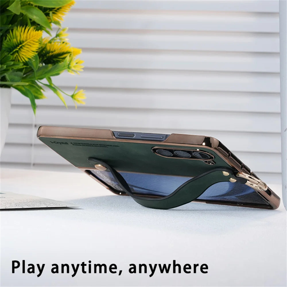 for Z Fold 7 Fashion Wave Wristband Leather Folding Case For Samsung Galaxy Z Fold 3 4 5 6 Zfold6 Fold7 Ring Buckle Holder Cover