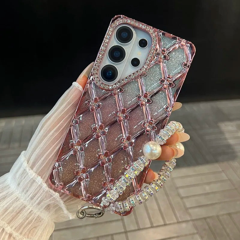 Glitter Diamond Rhombus Bracelet Chain Phone Case For Samsung Galaxy S26 Ultra S23 S24 S25 Plus Ultra A16 Cover With Lanyard