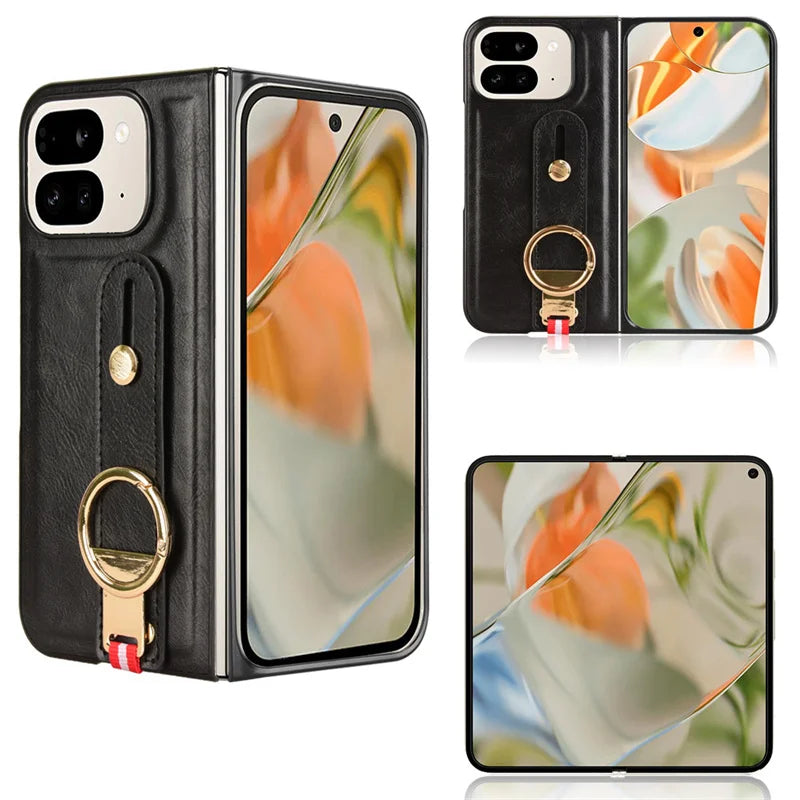 Luxury Wristband Leather Stand Case for Google Pixel 9 Pro Fold Cover Foldable With Ring Opener Hook Coque Fundas Capa