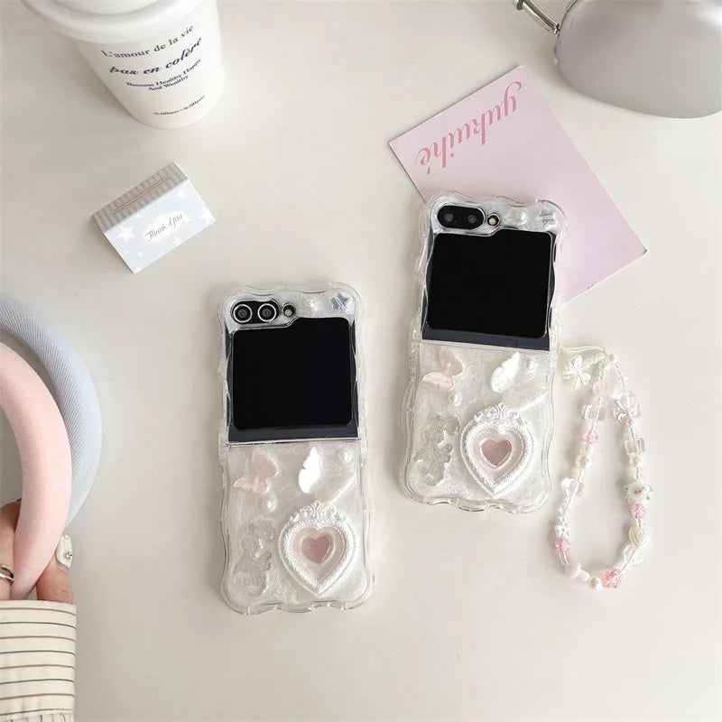 Luxury 3D Butterfly Love Heart Wavy Phone Case For Samsung Galaxy Z Flip 7 6 5 4 3 Zflip7 Zflip6 With Lanyard Shockproof Cover