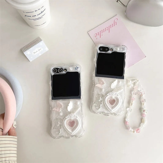 Luxury 3D Butterfly Love Heart Wavy Phone Case For Samsung Galaxy Z Flip 7 6 5 4 3 Zflip7 Zflip6 With Lanyard Shockproof Cover