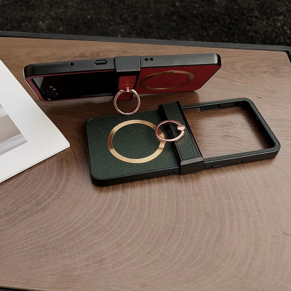 Lychee Plain Leather Metal Finger Ring and Magnetic Ring Case For Motorola Razr 60 Ultra razr60 Moto Razr 50 razr+ 2024 Cover