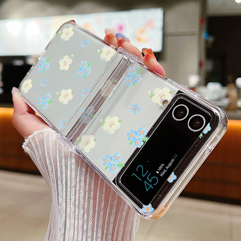 Hinged Simple Style Small Flower Case For Samsung Galaxy Z Flip 6 5 4 3 Clear Hard Folding Cover For Samsung Z Flip6 Flip5 Flip4