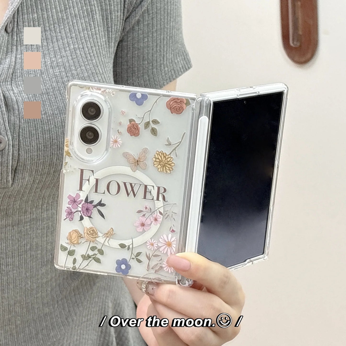 Retro Dual Magnetic Flower Pattern Transparent Case with Butterfly Bracket for Samsung Galaxy Z Fold 8 Wide Z Fold 8 Back Cover