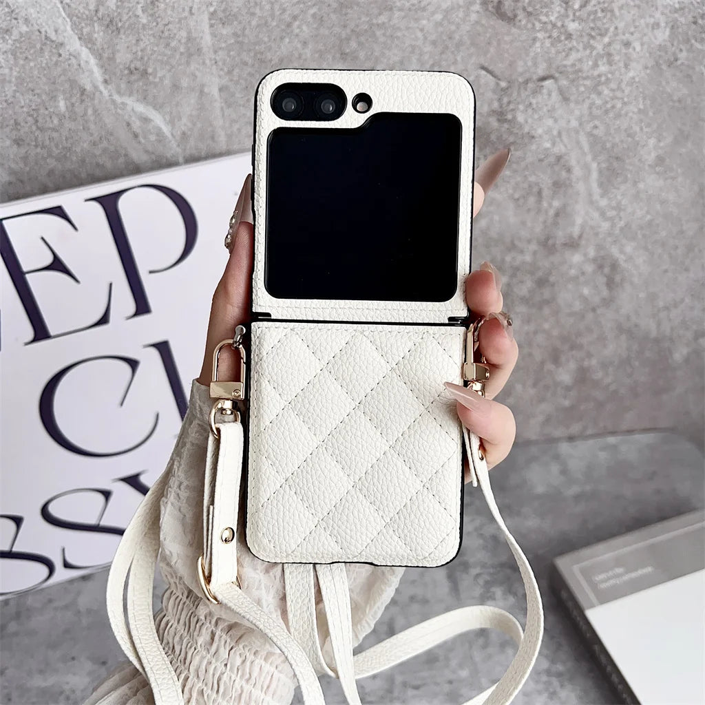 Luxury Crossbody Lanyard Rhombus Pattern PU Leather Phone Case For Samsung Galaxy Z Flip 8 7 FE 6 5 4 5G Hinge Protector Cover